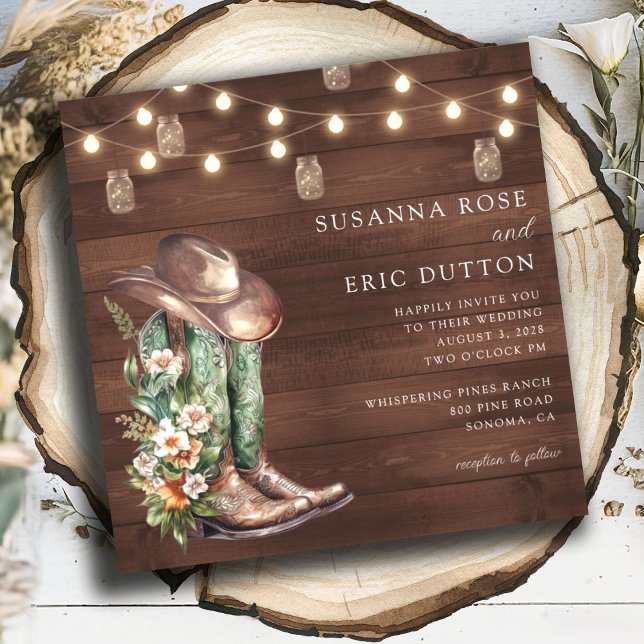 Boots Cowgirl Cowboy String Lights Floral Wedding Invitation (Creator Uploaded)