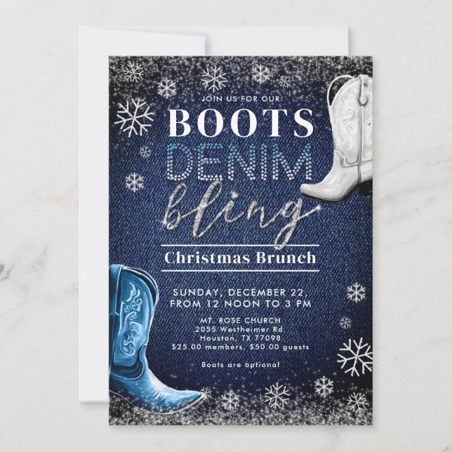 Boots Denim Bling Snow Frame Blue Christmas Party Invitation (Front)
