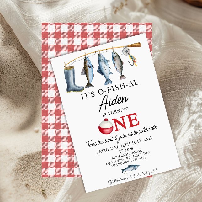 Boots Fishing Rod It's O-Fish-AL 1st Birthday Invitation (It's O-fish-al 1st Birthday Invitation Boy, Ofishally One, Fishing Themed First Birthday Invite, )