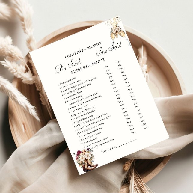 Boots  He said she said Bridal shower game card (Creator Uploaded)