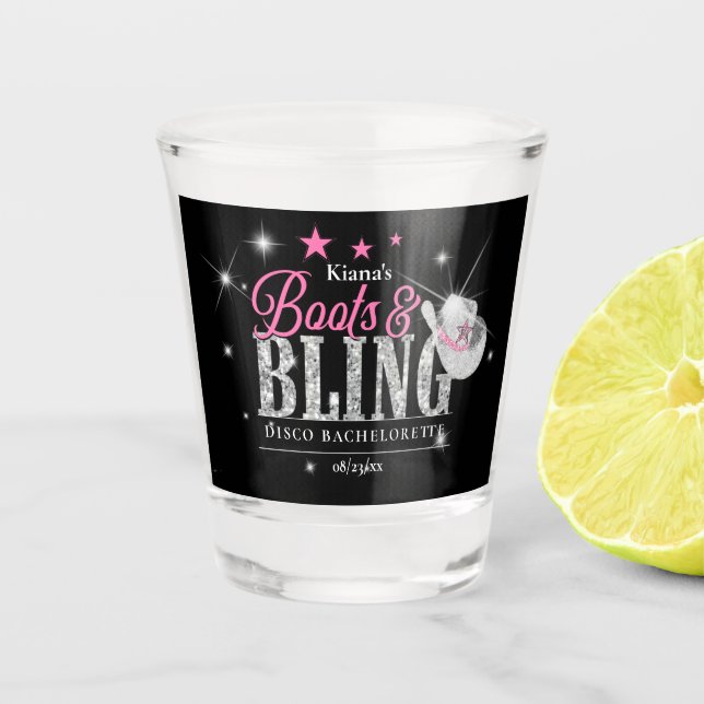 Boots 'n Bling Disco Bachelorette Pink/Black ID925 Shot Glass (Front)