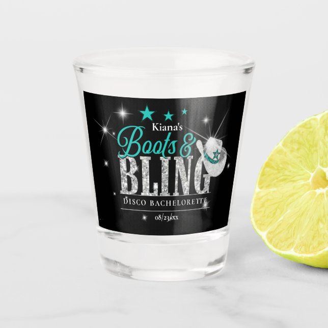Boots 'n Bling Disco Bachelorette Teal Black ID925 Shot Glass (Front)