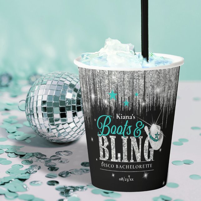 Boots 'n Bling Disco Bachelorette Teal ID925 Paper Cups (Creator Uploaded)