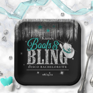 Boots 'n Bling Disco Bachelorette Teal ID925 Paper Plate