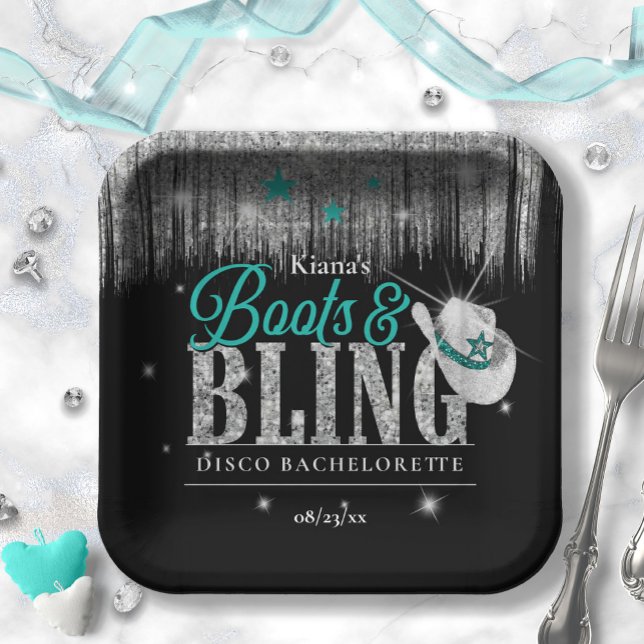 Boots 'n Bling Disco Bachelorette Teal ID925 Paper Plate (Creator Uploaded)