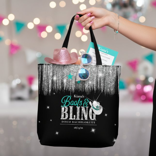 Boots 'n Bling Disco Bachelorette Teal ID925 Tote Bag (Creator Uploaded)