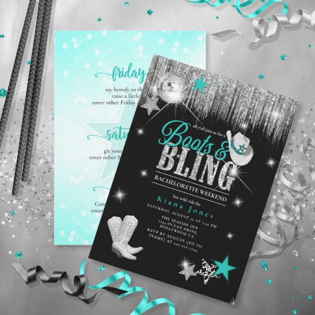 Boots 'n Bling Disco Bachelorette Wkend Teal ID925 Invitation (Creator Uploaded)