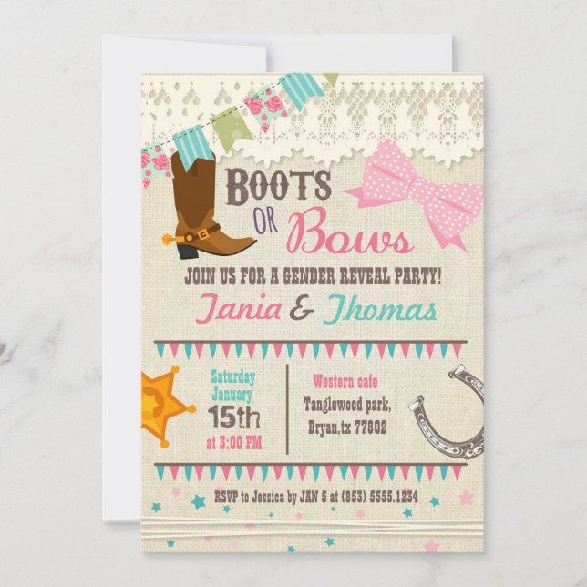 Boots or Bows gender reveal Invitation (Front)