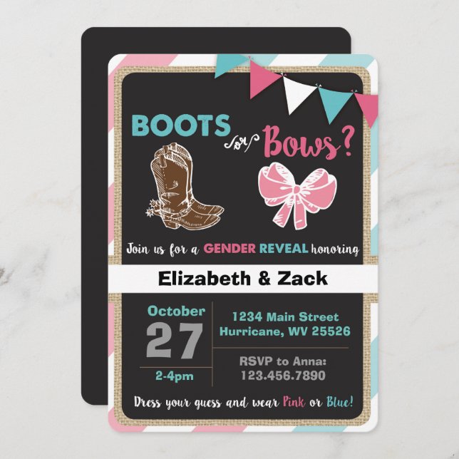Boots or Bows Gender Reveal Invitation (Front/Back)