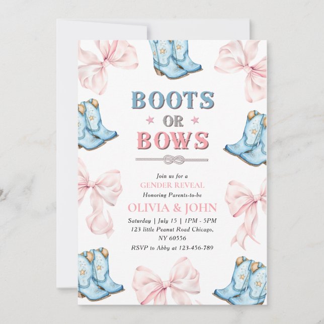Boots or Bows Gender Reveal Invitation Card (Front)