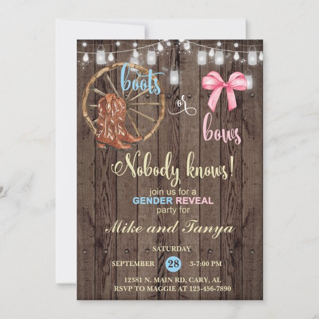 Boots or Bows gender reveal invitation, invite. Invitation (Front)