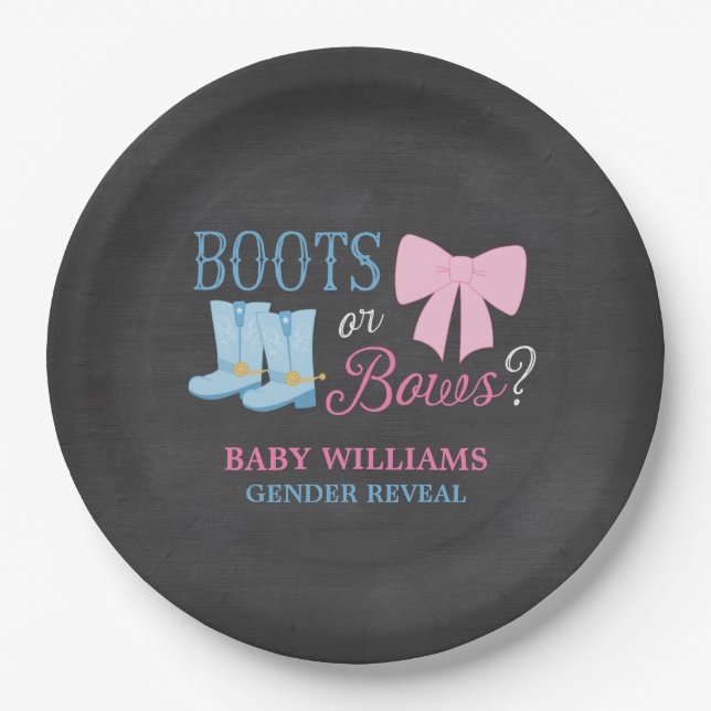 Boots or Bows Gender Reveal Party Baby Shower Paper Plate (Front)