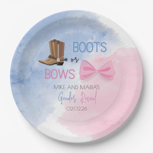 Boots or Bows gender reveal party plates (Front)