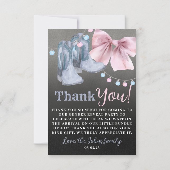 Boots or bows gender reveal Thank you Card.  (Front)