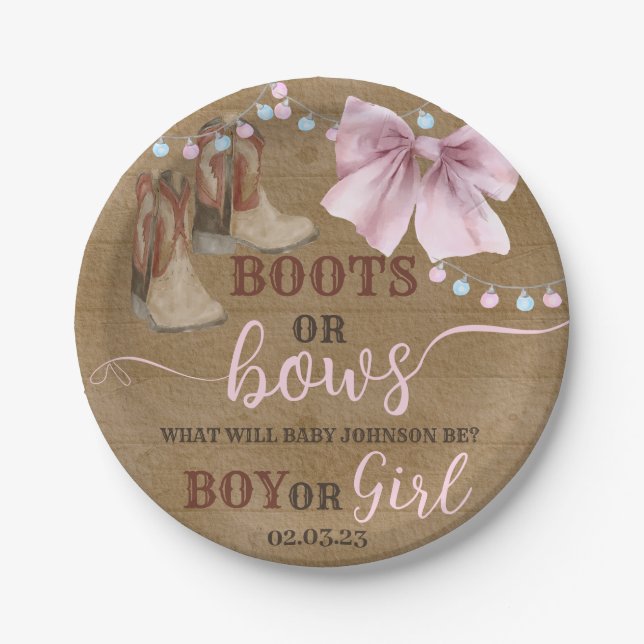 Boots or bows paper party plate for Gender Reveal. (Front)