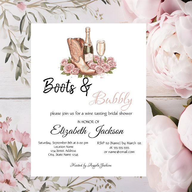Boots Wine Floral Boots & Bubbly Bridal Shower  Invitation (Creator Uploaded)