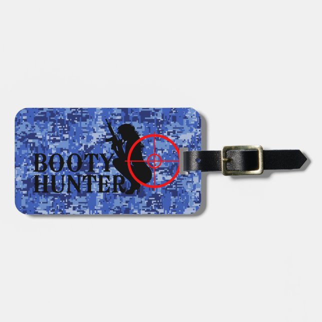 Booty Hunter on Navy Blue Camo Luggage Tag (Front Horizontal)