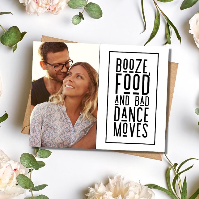 Booze, Food, Bad Dance Funny Wedding Save the Date Announcement Postcard (Booze, Food, Bad Dance Funny Wedding Save the Date)