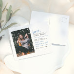 Booze Food & Bad Dance Moves | Blue Handwriting Postcard<br><div class="desc">Booze, Food & Bad Dance Moves! This casual save the date card features "booze, food & bad dance moves" in a modern typography layout with blue handwriting. Your custom engagement photo appears to the left. Feel free to contact me through the button below if you need assistance with the template...</div>