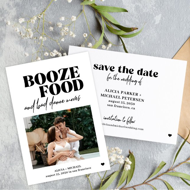 Booze food bad dance moves casual wedding save the date (Creator Uploaded)