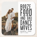 Booze Food Bad Dance Moves Engagement Party Square Paper Coaster<br><div class="desc">Raise a toast to love,  laughter,  and unforgettable memories with our "Booze,  Food,  and Bad Dance Moves" Photo Customised Coaster,  specially designed for the couple's engagement party! This coaster is the perfect blend of fun and sentimentality,  capturing the essence of the couple's love story and the joyous celebration ahead.</div>