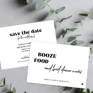 Booze food bad dance moves funny wedding save the date