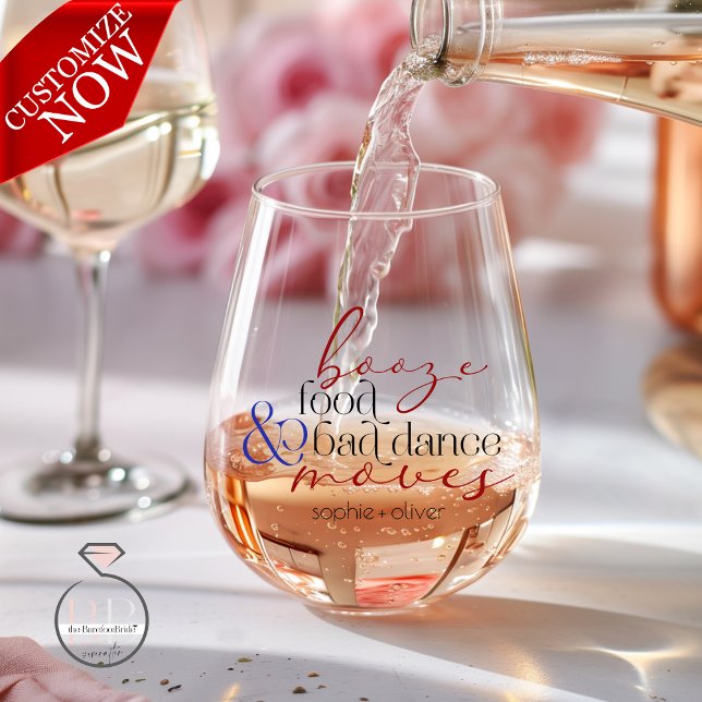 Booze Food Bad Dance Moves Typography  Stemless Wine Glass (Easy to Customize )