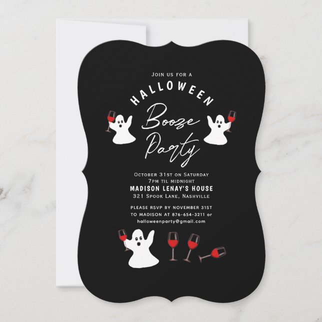 Booze Ghost Black White Halloween Party Invitation (Front)