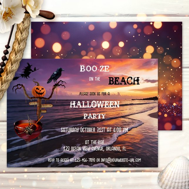 Booze on the Beach Halloween Cocktail Party Invitation (Halloween cocktail party invitation featuring a sunset on the beach with a cocktail, witch and raven)