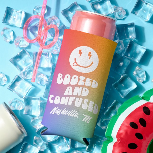 Boozed and Confused Retro Rainbow Bachelorette  Seltzer Can Cooler (In Situ Summer)