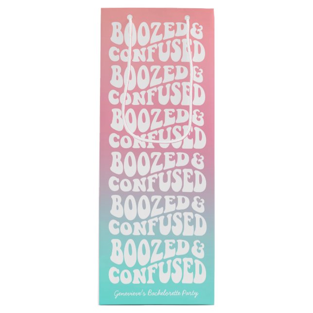 Boozed Confused Retro Aqua Pink Bachelorette Party Wine Gift Bag (Front)