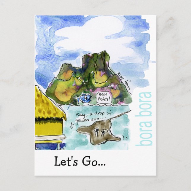 Bora Bora Cute Cartoon Watercolor Postcard (Front)