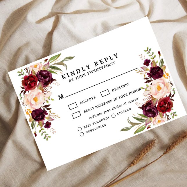Bordeaux Blush Moody Floral Wedding RSVP Card (Creator Uploaded)