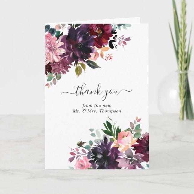 Bordeaux - Burgundy Floral Wedding Photo Thank You Card (Front)