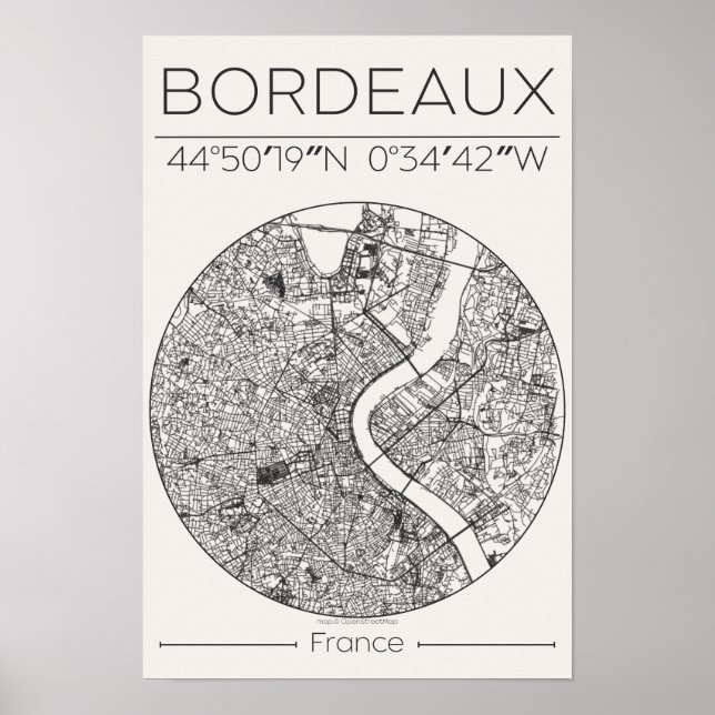 Bordeaux Charcoal City Map Poster – Minimal French (Front)