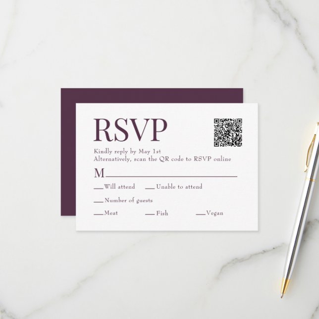 Bordeaux Colour Scan Qr Code Meal Choice Wedding RSVP Card (Front/Back In Situ)