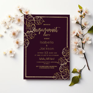 Bordeaux deep rich red gold floral Engagement  Invitation