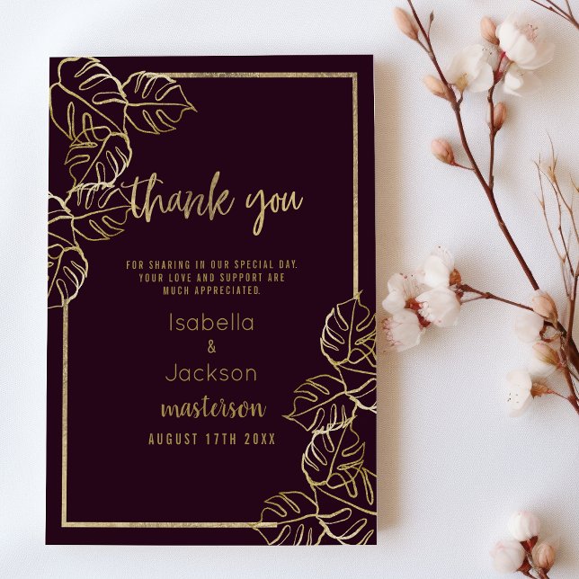 Bordeaux deep rich red gold floral Thank You  Invitation (Bordeaux deep rich red gold floral Thank You)