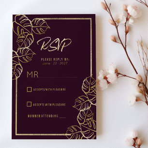 Bordeaux deep rich red gold floral Wedding RSVP  Invitation