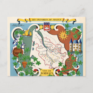 Bordeaux, France Vintage Map Postcard