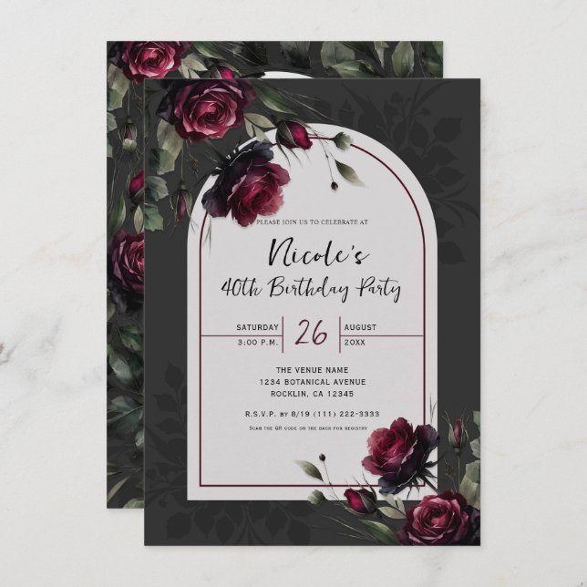 Bordeaux Red Roses Shadowy Grey Floral Birthday  Invitation (Front/Back)