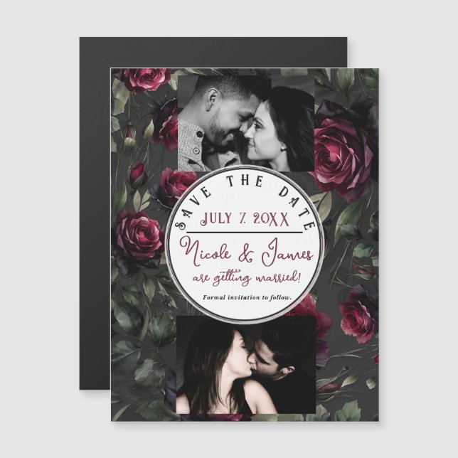 Bordeaux Red Roses Shadowy Grey Floral Save Date (Front/Back)