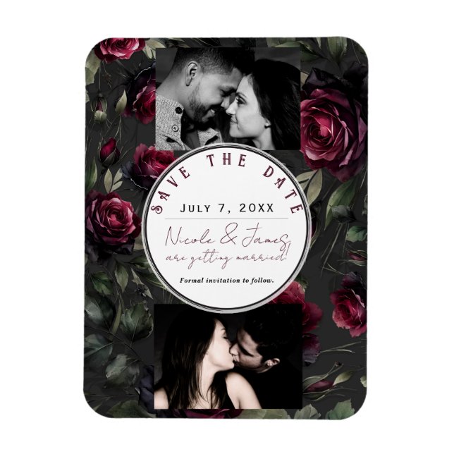Bordeaux Red Roses Shadowy Grey Floral Save Date Magnet (Vertical)