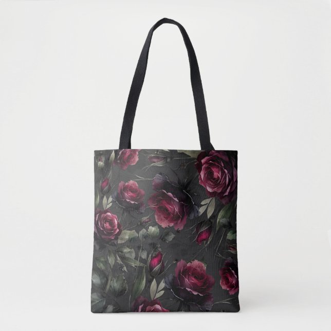 Bordeaux Red Roses Shadowy Grey Floral  Tote Bag (Front)
