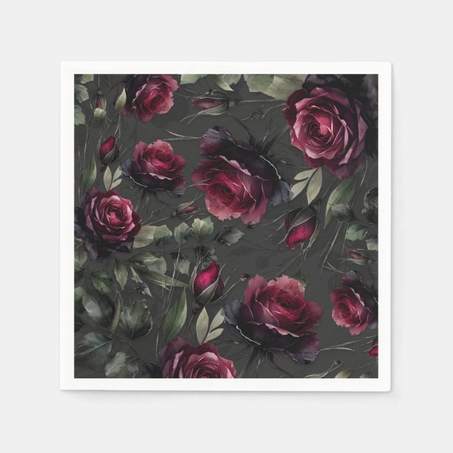 Bordeaux Red Roses Shadowy Grey Floral Wedding Napkin (Front)