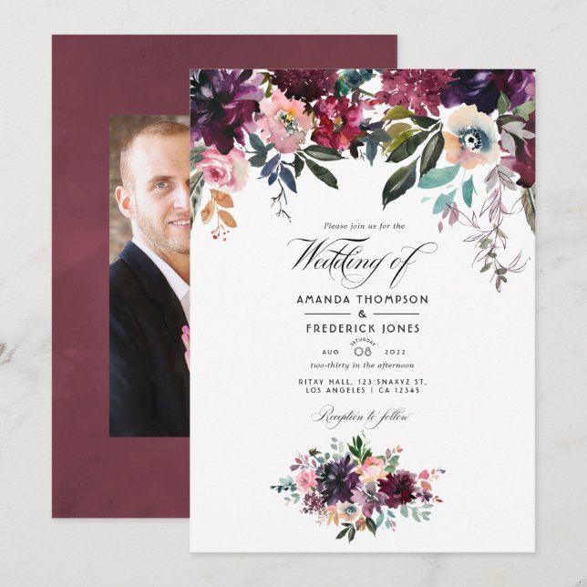 Bordeaux Wine Colorways Wedding Photo Invitation (Front/Back)