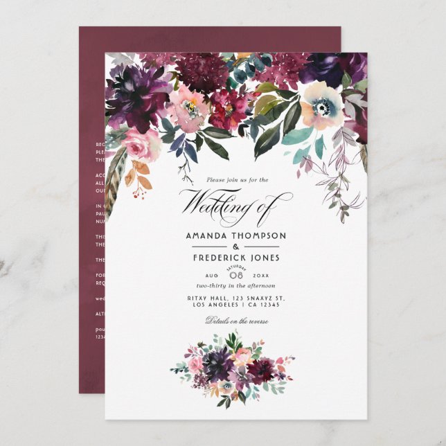 Bordeaux Wine Colour Floral Garden Wedding Invitation (Front/Back)