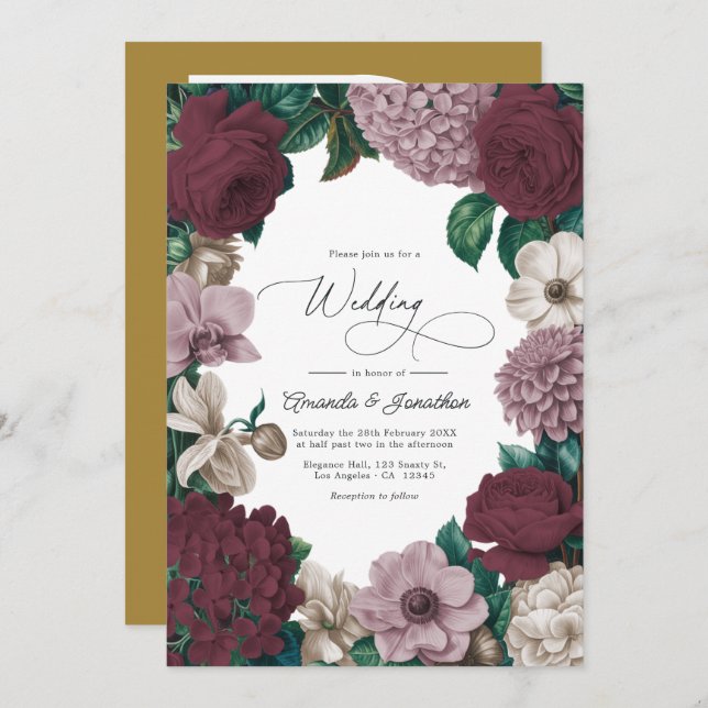 Bordeaux Wine, Mauve Smoke & Tulle Beige Wedding Invitation (Front/Back)