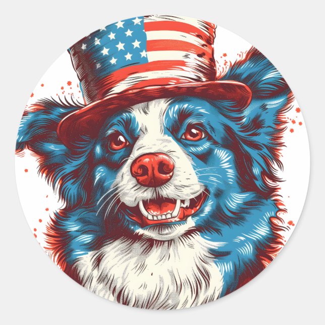 Border colie with an American flag hat Classic Round Sticker (Front)