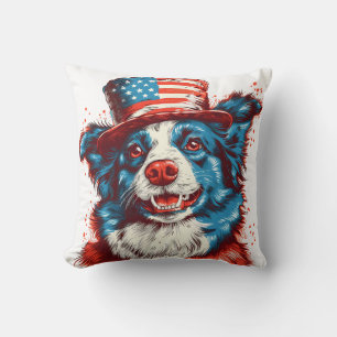 Border colie with an American flag hat Cushion